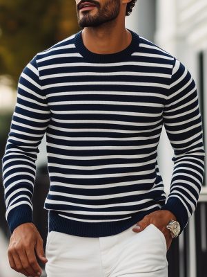 Striped Casual Pullover Sweater for Men & Women – Crew Neck Knit Sweatshirt with Fast 24-Hour Shipping
