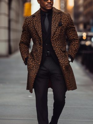 Men's Leopard Print Wool Coat with Notched Lapel – Single-Breasted Winter Overcoat, Ships in 24 Hours