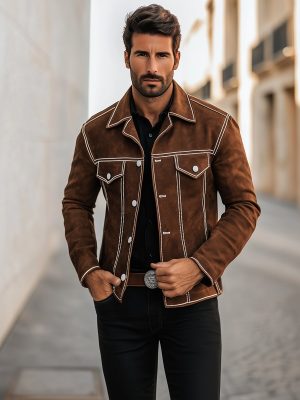 Men's Vintage Suede Jacket with Notched Lapel – Casual Retro Style, Ships in 24 Hours