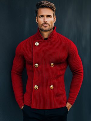 Vintage Red Knitted Cardigan with Stand Collar & Double-Breasted Design – Ships in 24 Hours