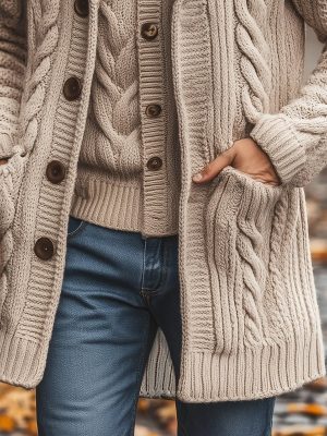 Men's Casual Knitted Cardigan with Notched Lapel – Mid-Length Lightweight Sweater for Men (Ships in 24 Hours)