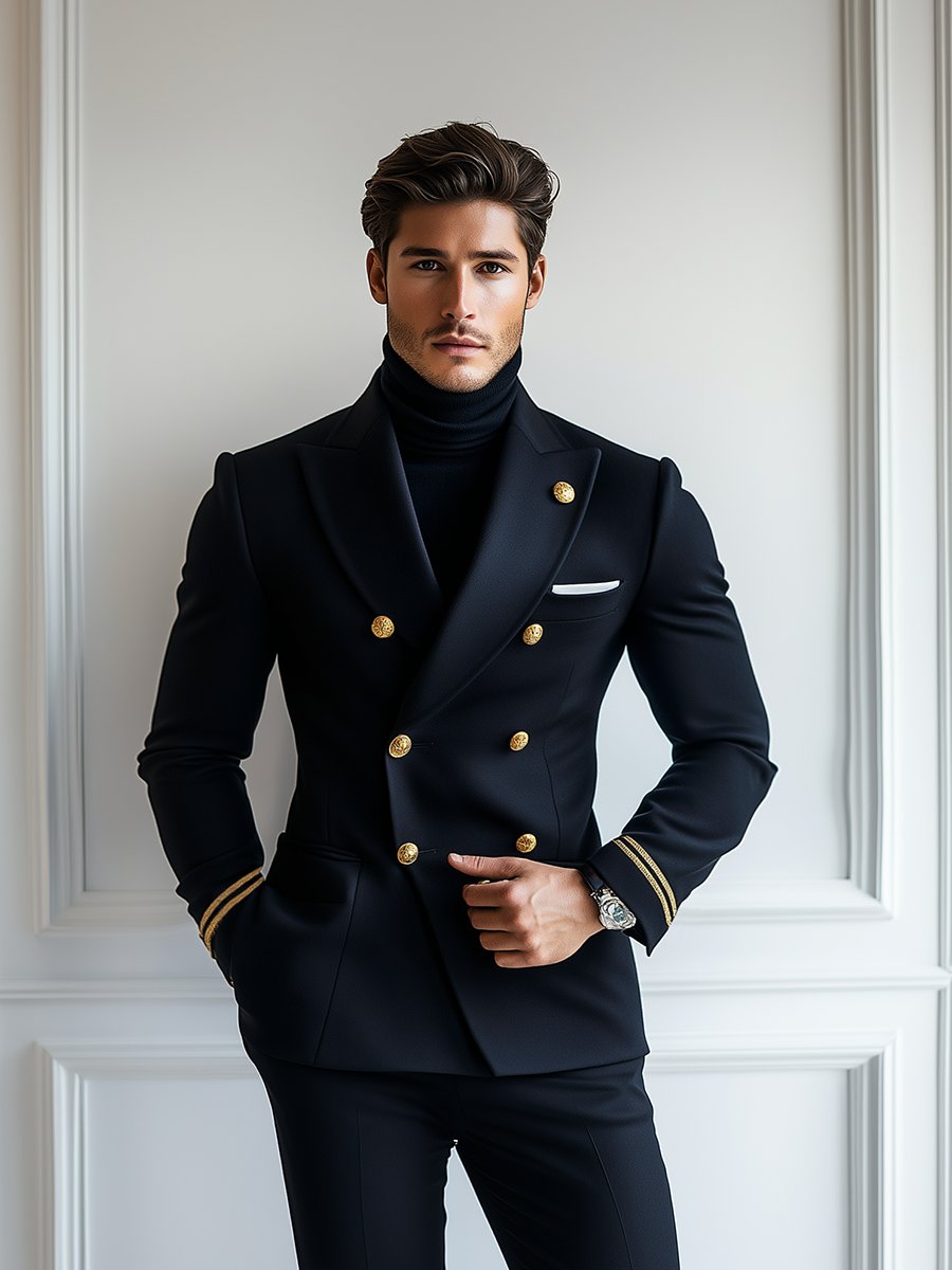 Vintage Navy Double-Breasted Blazer with Multi-Pockets – Fast 24-Hour Shipping