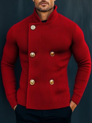 Vintage Red Knitted Cardigan with Stand Collar & Double-Breasted Design – Ships in 24 Hours