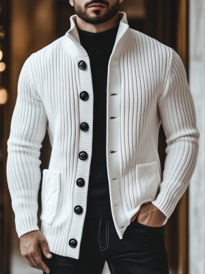Casual Stand Collar Knit Cardigan with Button Front – Fast 24-Hour Shipping