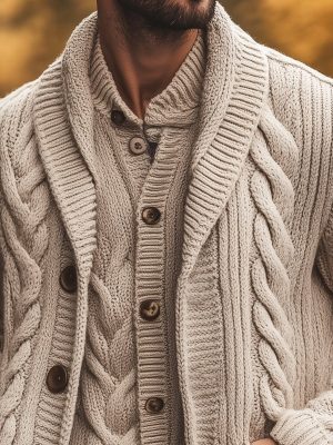 Men's Casual Knitted Cardigan with Notched Lapel – Mid-Length Lightweight Sweater for Men (Ships in 24 Hours)