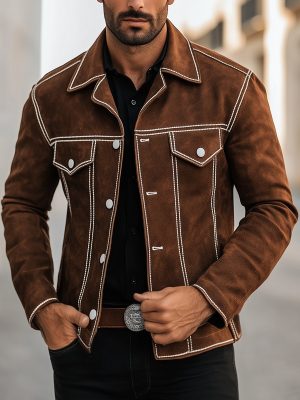 Men's Vintage Suede Jacket with Notched Lapel – Casual Retro Style, Ships in 24 Hours