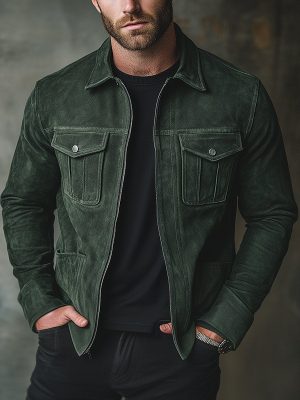 Men's Casual Suede Jacket with Lapel & Zipper – Solid Color, Fast 24-Hour Shipping