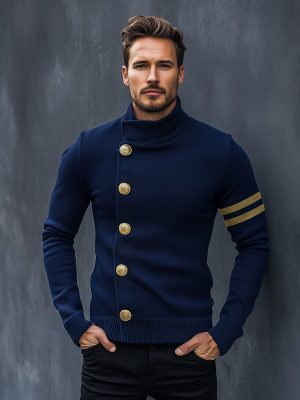Vintage Navy Stand Collar Knit Cardigan – Fast 24-Hour Shipping