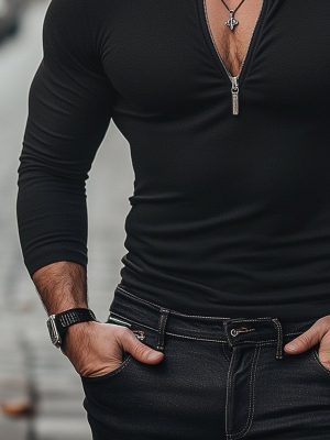 Men's V-Neck Long Sleeve T-Shirt with Zipper – Fast 24-Hour Shipping