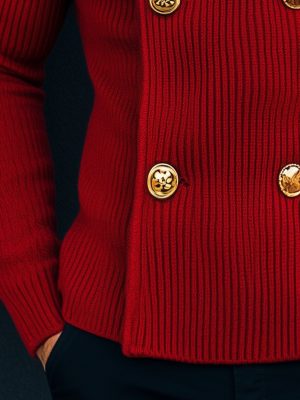 Vintage Red Knitted Cardigan with Stand Collar & Double-Breasted Design – Ships in 24 Hours