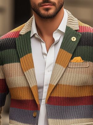 Men's Rainbow Striped Knit Cardigan with Lapel Detail – Casual Long Sleeve Sweater, Ships in 24 Hours