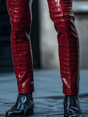 Red Crocodile Leather Pants – Stylish Slim-Fit Pants with 24-Hour Shipping