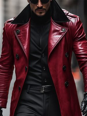 Vintage Double-Breasted Leather Coat with Contrast Lapel – Ships in 24 Hours