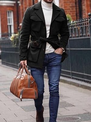 Woolen Coat with Lapel & Lace-Up Design | Solid Color Multi-Pocket Winter Coat | Ships in 24 Hours
