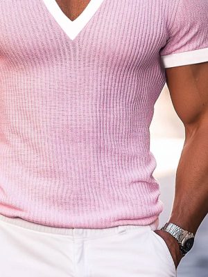 Men's V-Neck Contrast Knit Short Sleeve T-Shirt – Fast 24-Hour Shipping